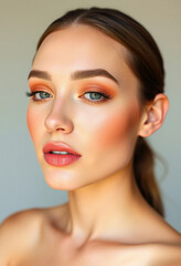 A close-up portrait of a woman with striking blue eyes and soft, warm-toned makeup. Her complexion is flawless, showcasing elegant beauty with contoured cheeks and natural makeup style.

