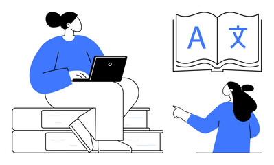Person using a laptop while sitting on books, another pointing to an open book with letters. Ideal for education, technology, language learning, online courses, personal growth. Simple line, minimal