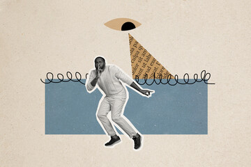 Composite photo collage of scared american man show shh gesture ufo plate eyeball imitation alien...