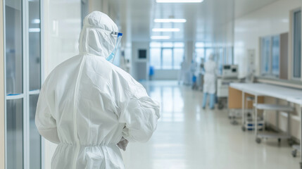 Worker in a biohazard suit conducting a thorough cleaning of a medical facility, using specialized tools and safety gear for hygiene photo