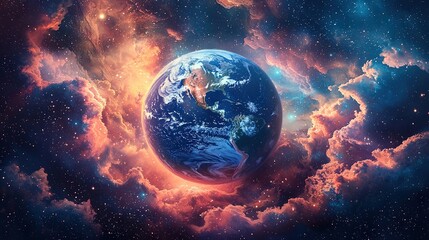 Obraz premium A photo of Earth surrounded by cloud-filled space, dotted with stars and a star cluster