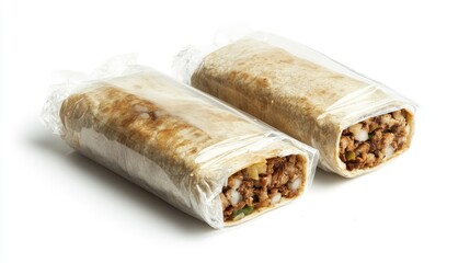 Frozen ready-to-eat burritos in plastic wrapping, displayed on a clean white backdrop for a fast and convenient meal option.