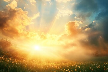 Sunbeams Illuminating a Field of Wildflowers with Mist and Clouds