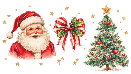 vintage watercolors of a festive Christmas theme with three central element, a jolly Santa Claus, a candy cane-striped bow, Christmas tree , transparent background