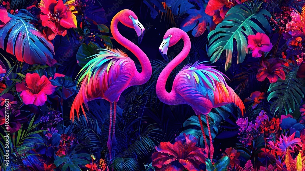 Sticker   A pair of vibrant flamingos standing atop a verdant field of foliage and blossoms