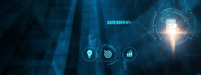 Assessment Concept: Evaluation, analysis, feedback, metrics, performance, standards, objectives on virtual interface.