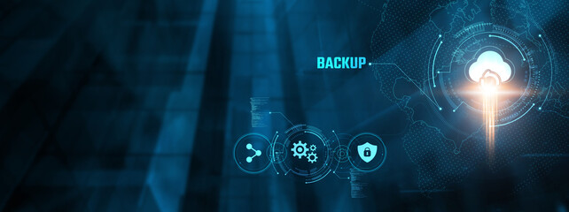 Backup Concept: Businessman implementing backup solutions on virtual interface. Data protection, disaster recovery, cloud storage, redundancy, security, reliability.
