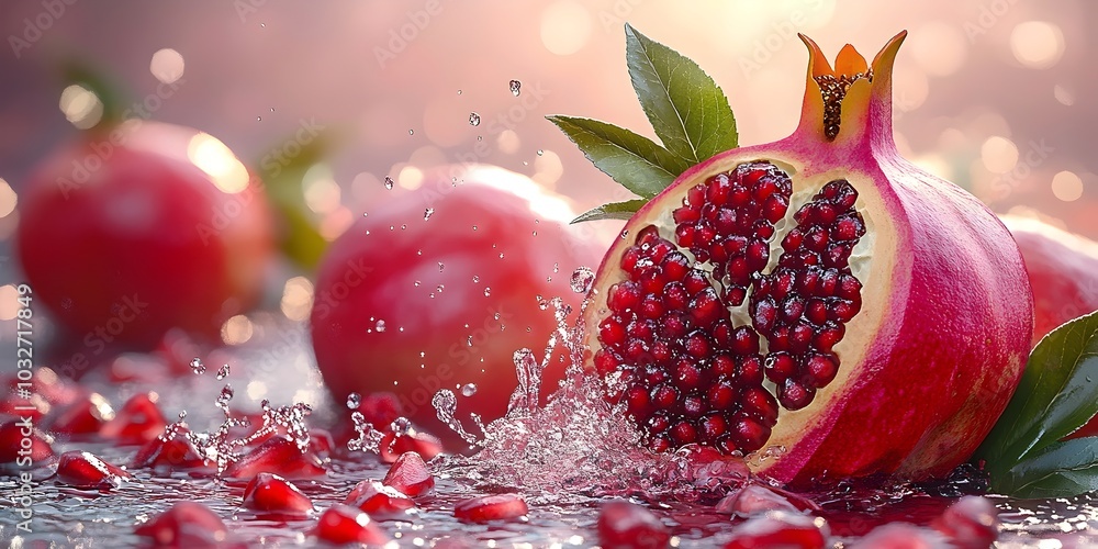 Poster a juicy red pomegranate is sliced open, revealing its ruby-red seeds. the pomegranate is surrounded 