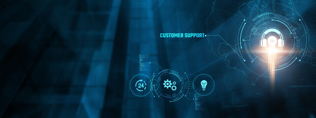 Obraz premium Customer Support Concept: Businessman engaging with customer support tools, problem resolution, feedback management, client satisfaction, 24/7 availability, technical help on virtual interface.