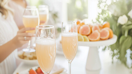Bridal brunch setting with delicious food platters and decorative elements, showcasing happy women toasting with mimosas photo