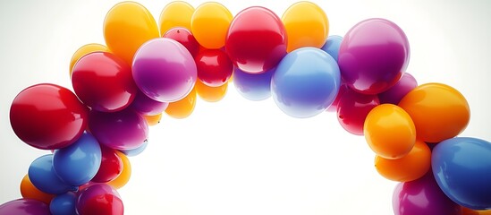 A bright birthday balloon arch with multiple colored balloons forming curve isolated background