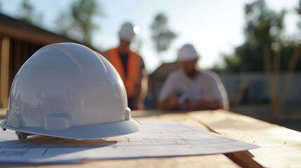 Construction recruiter interviewing workers at a job site, with safety helmets and blueprints on the table photo