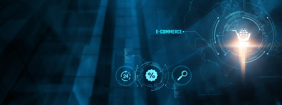 E-Commerce Concept: Business transactions, online shopping, payment processing, customer engagement, digital marketing, supply chain management, user experience on virtual interface.