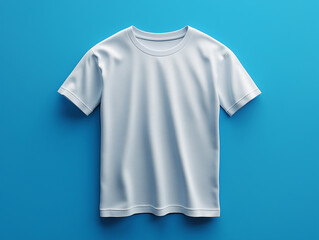 A plain white t-shirt displayed against a vibrant blue background highlighting its design and fabric texture