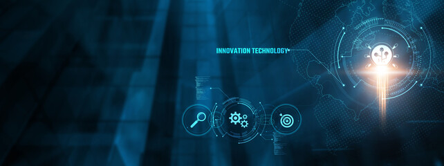 Innovation Technology Concept: Businessman interacting with advanced technology, analyzing data, automation, efficiency, creativity, problem-solving, breakthroughs on virtual interface.