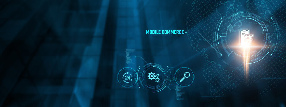 Mobile Commerce Concept: Mobile Commerce. Business transactions, user engagement, payment solutions, e-commerce, shopping experience, customer service on virtual interface.