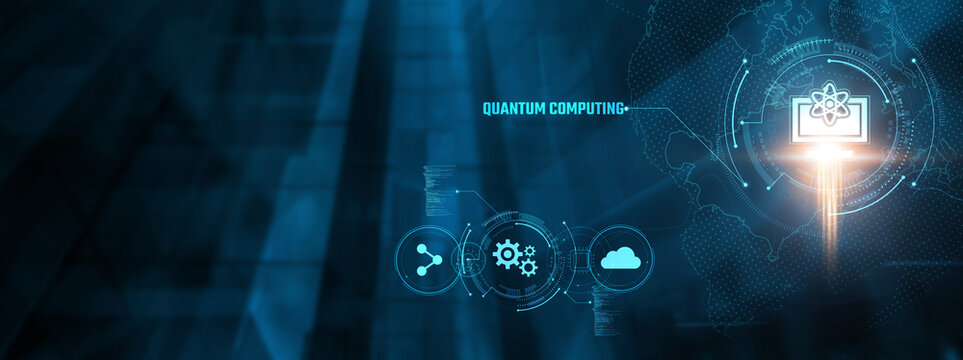 Quantum Computing Concept: Quantum computing revolutionizes data processing, encryption, optimization, parallel processing, problem-solving, simulation on virtual interface.