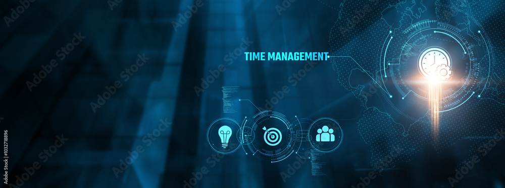 Poster time management concept: prioritization, scheduling, efficiency, goal setting, productivity, trackin