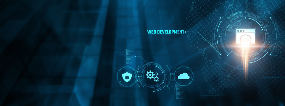 Web Development Concept: Businessman analyzing website performance on virtual interface. Front-end design, back-end development, responsive layout, SEO optimization, database management.