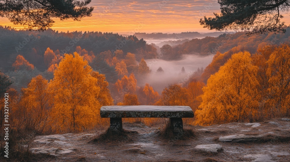 Poster the tranquil scene captures a stone bench set against vibrant autumn trees, overlooking a misty vall