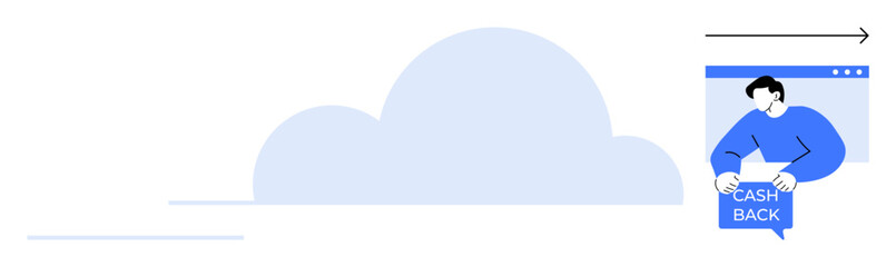 Person on a website holding a cashback sign next to a cloud graphic. Ideal for marketing, e-commerce, financial services, technology, and cloud computing promotions. Flat style
