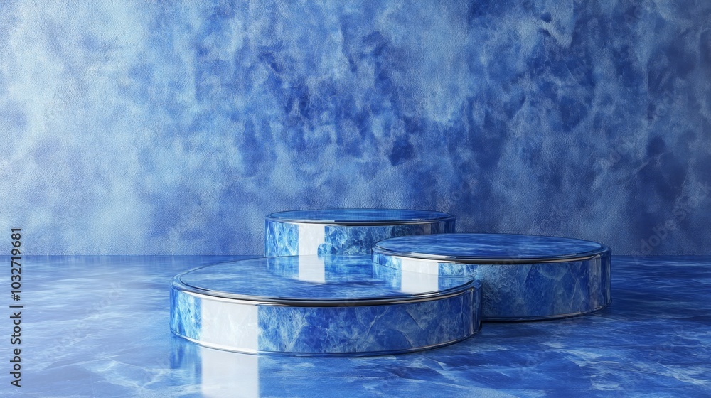 Aufkleber three circular blue display pedestals sit in a contemporary studio, reflecting light from a textured
