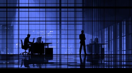 A silhouette of professionals in an office space at night, illuminated by blue light, creating a modern and sleek atmosphere.