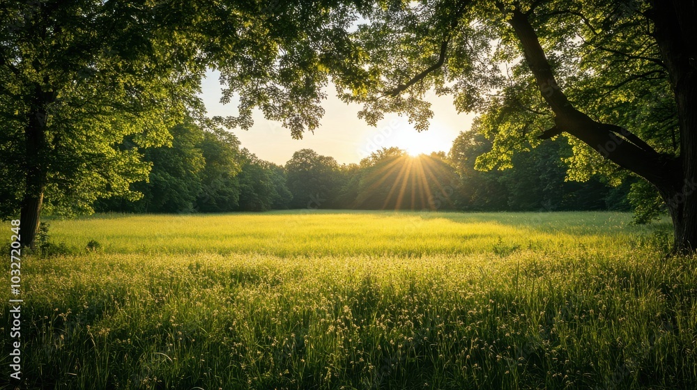 Wall mural a tranquil meadow scene with sunlight filtering through a canopy of trees at the edge of the field