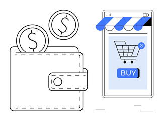 Visible are a digital wallet with coins and a smartphone with an online shopping basket and buy button. Ideal for e-commerce mobile payments online shopping digital wallets and finance. Simple modern