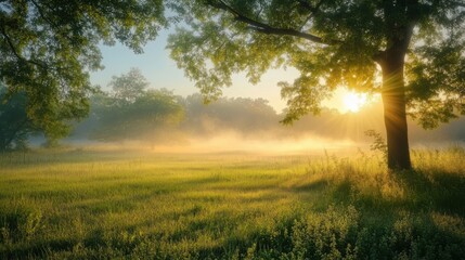 Fototapeta premium A quiet meadow at dawn, with soft mist rising from the ground and the first light of day shining through