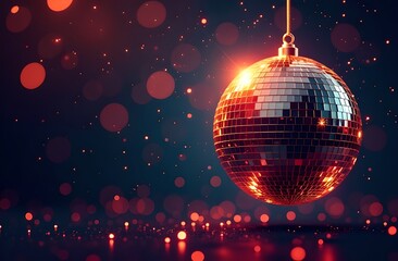 Disco ball with bright colorful rays bokeh background. New Year night party invitation.