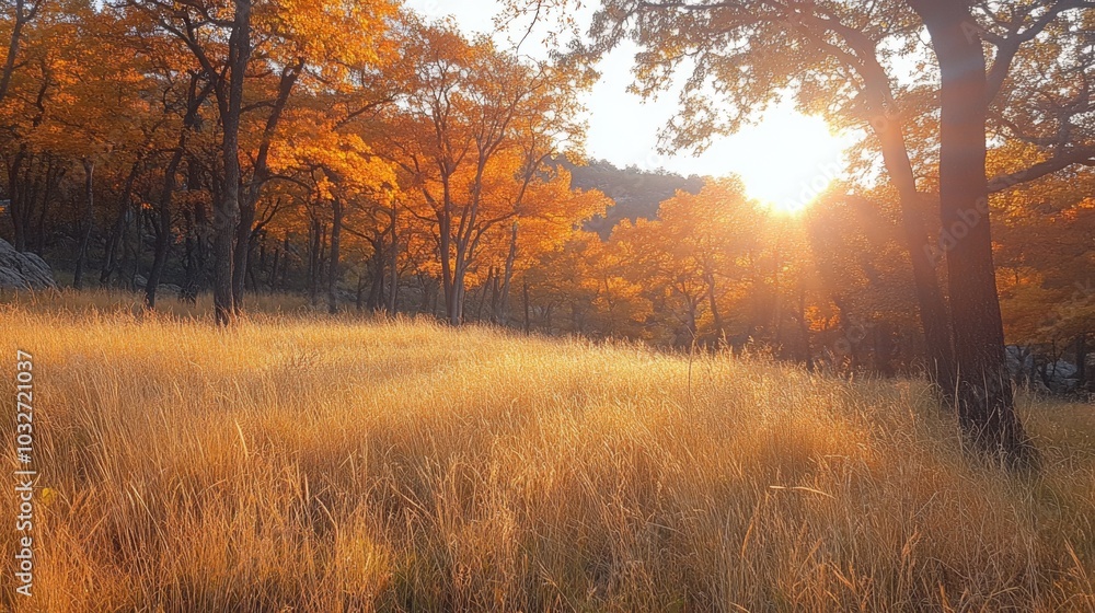 Poster the golden hues of the setting sun cast a warm glow over a tranquil meadow filled with tall grass an