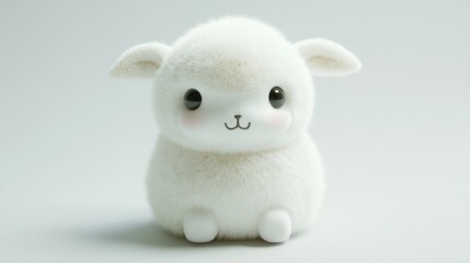 A fluffy white lamb with large, black eyes sits against a light grey background.