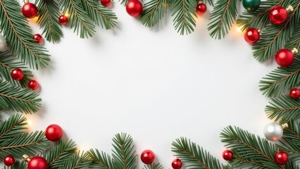 Green Christmas pine branches with red and silver ornaments frame a white background, leaving ample space in the middle for text. The festive decoration creates a holiday-themed banner. Horizontal ima