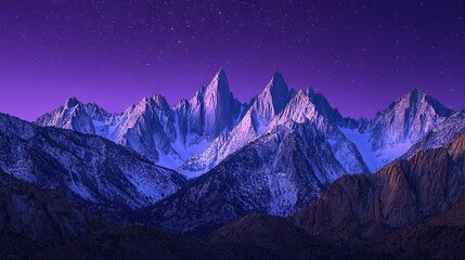  A serene mountain landscape draped in snow beneath a captivating lavender sky, featuring the illumination of the moon and twinkling celestial bodies overhead