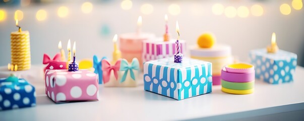 birthday-themed party favors arranged on a white table isolated background