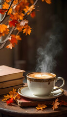 A stack of fall-themed books sits next to a steaming cup of hot beverage, surrounded by autumn leaves. The warm colors and cozy setup evoke a sense of comfort and relaxation.

