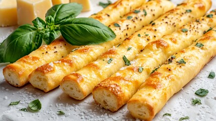 Baked breadsticks with sea salt, isolated on a light background with decorative cheese cubes and fresh basil