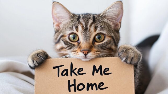Adorable kitten holding a sign while looking for a loving home