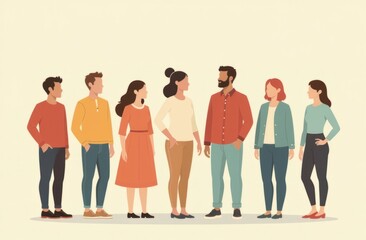 Fototapeta premium Illustration of a group of diverse people standing together, casual clothing, horizontal Concept: teamwork, collaboration, diversity, community, group communication, unity