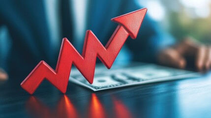 A red upward arrow on a dollar bill symbolizes financial growth and investment success.