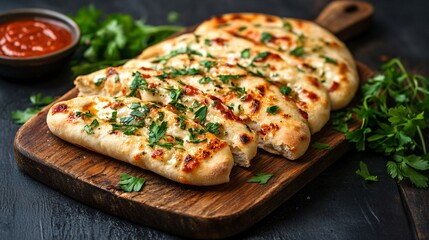 Cheesy breadsticks with garlic butter, isolated on a wooden board with decorative fresh herbs and marinara sauce