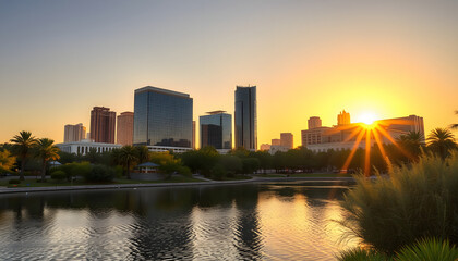 Office buildings in Phoenix, viewed from across the lagoon in Encanto Park, glow gold in the rays of the setting sun isolated with white highlights, png