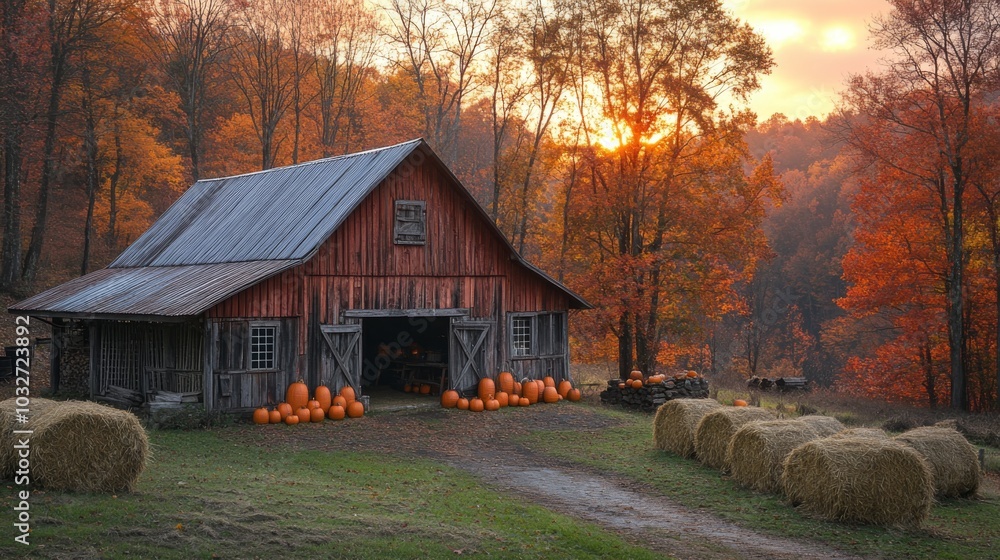 Poster the scene features a charming barn bathed in the warm glow of a sunset, surrounded by colorful fall 
