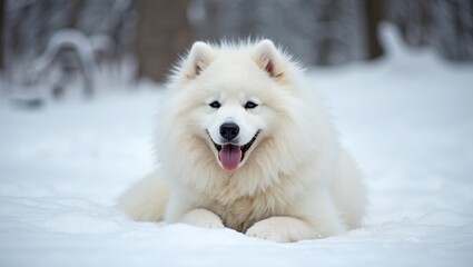 Obraz premium Happy Samoyed dog blending with snow smiling contently