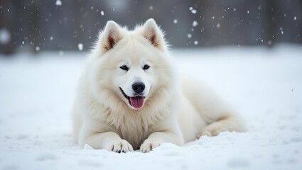 Naklejka premium Happy Samoyed dog blending with snow smiling contently