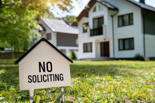 Sign with text "NO SOLICITING" on a lawn, modern house in the background.
