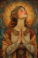 A young woman with her eyes closed, dressed in a gown, and holding her hands in a prayer position, surrounded by a halo of light.