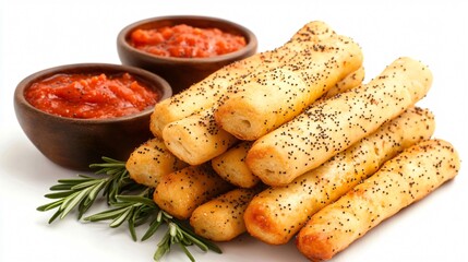 Crispy breadsticks with poppy seeds, isolated on a white background with decorative small bowls of marinara and rosemary