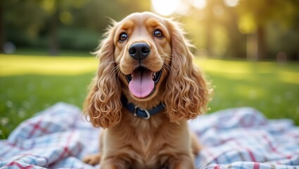 Adorable Cocker Spaniel on picnic blanket in park